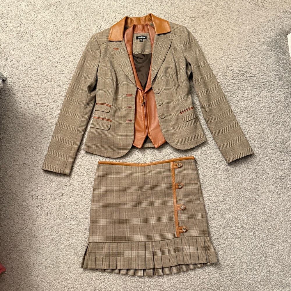3 piece bebe Tan and Brown Plaid Blazer Vest and Skirt Set
